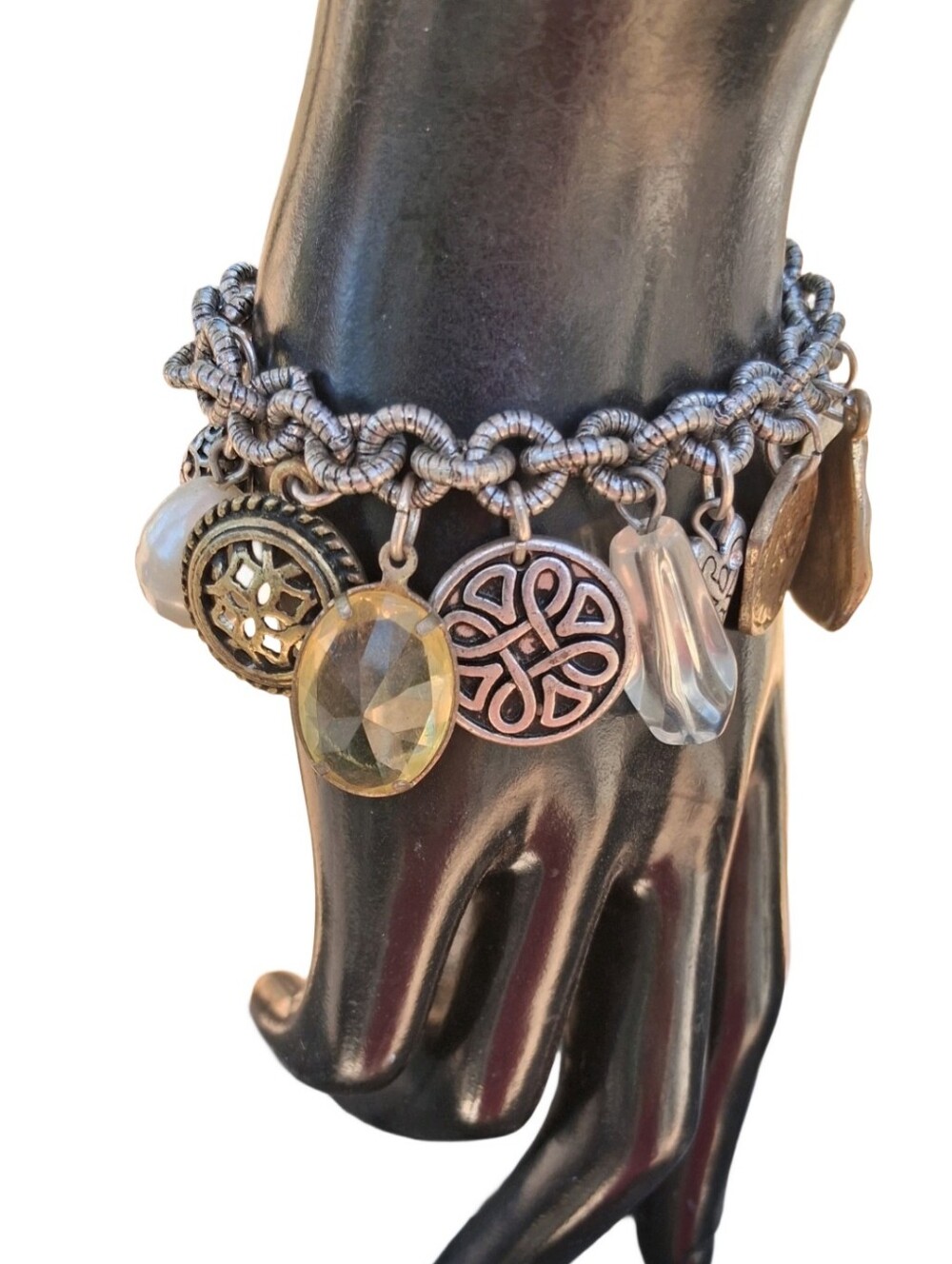Chico's Silver & Gold Tone Chunky Charm Bracelet Magnetic Clasp Eclectic Boho